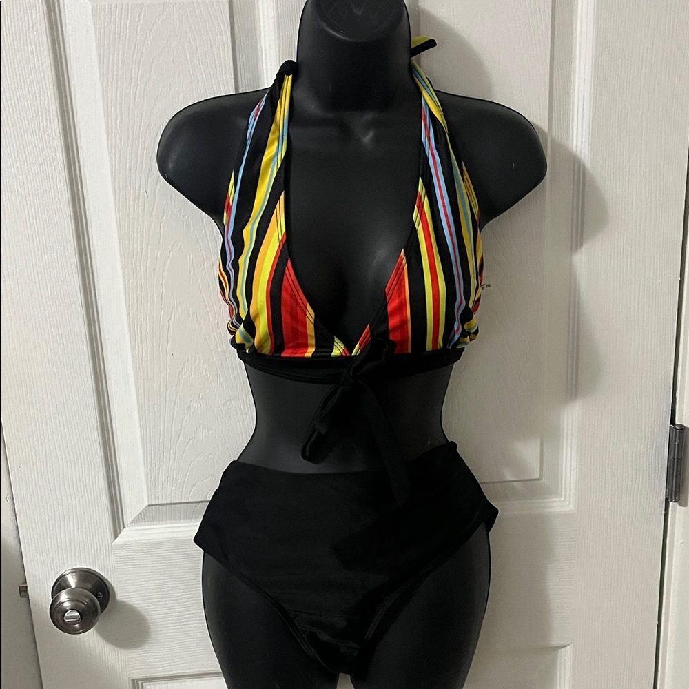 NEW Striped Halter Bikini Top and Black Bottoms